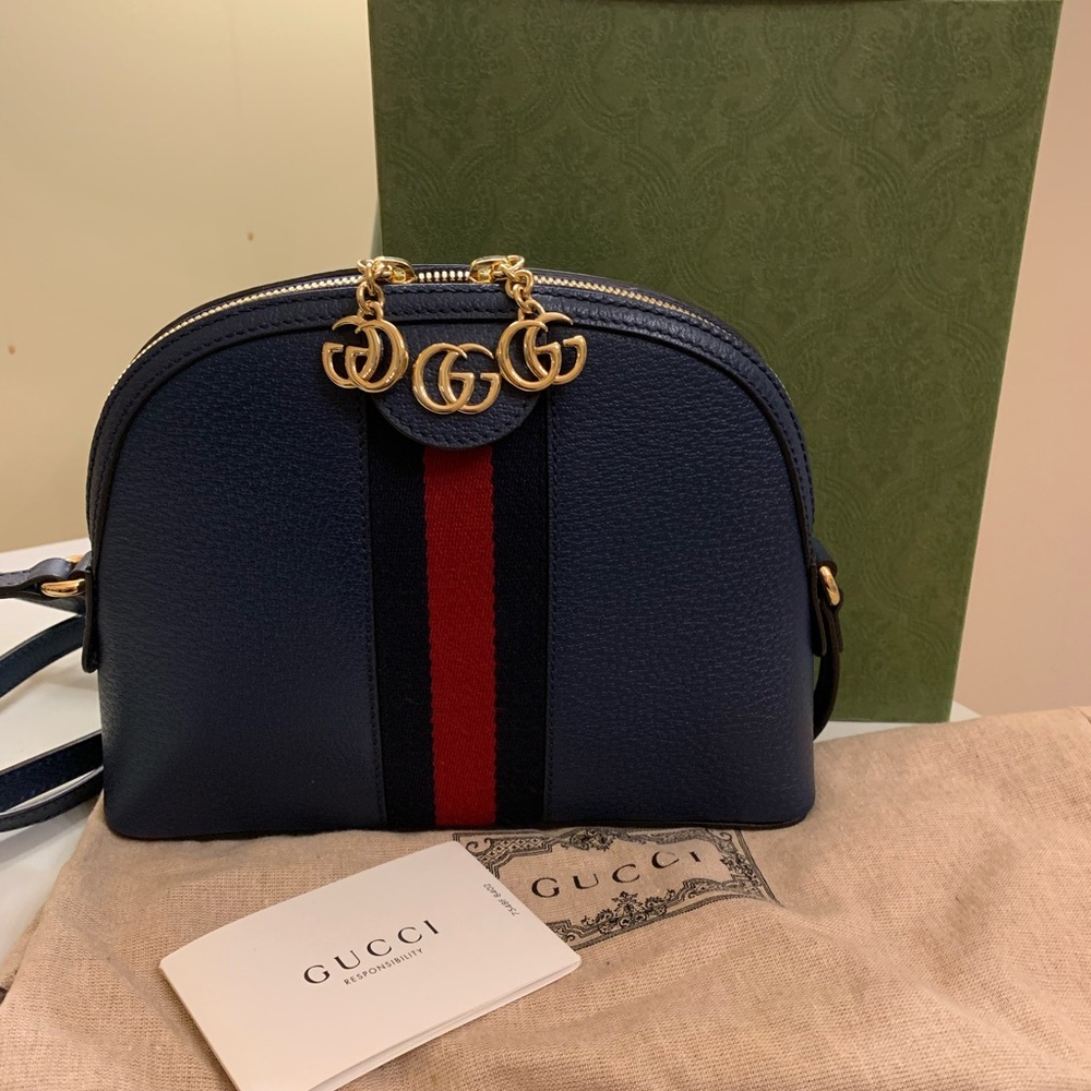 SOLDGucci Navy Blue Leather Ophidia Small Shoulder Crossbody Web Bag - Picture 2 of 12